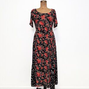 90s Vintage Starina Black Floral Maxi Dress Size Small
